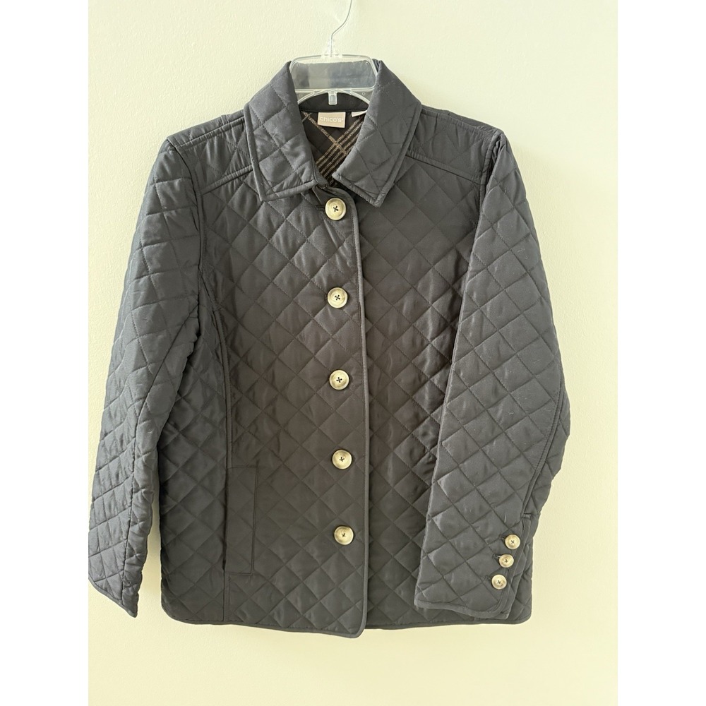 Women's Black Quilted Button Up Jacket By Chico's Size 1